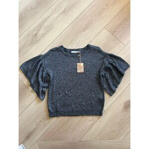 One Grey Day Naomi Tee S Gray Knit Top Flutter Sleeve Pullover Blouse‎